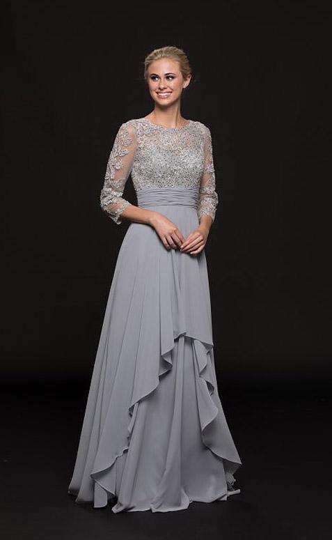 Glow by Colors - G800 Illusion Jewel Appliqued A-Line Gown In Gray