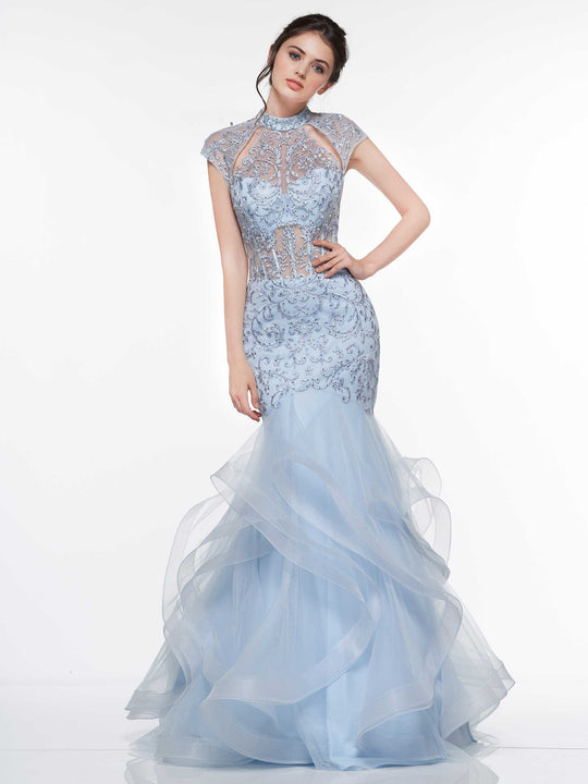 Glow by Colors - Embroidered Illusion High Neck Trumpet Dress G842 In Blue