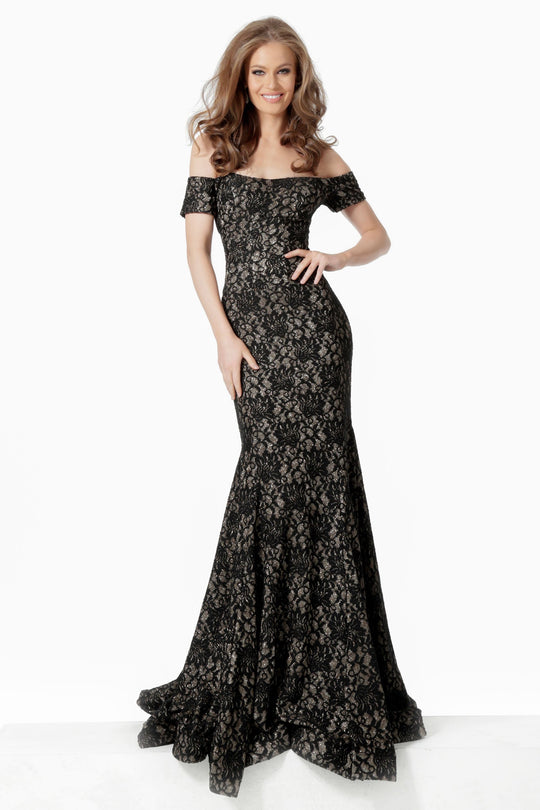 Jovani - 66305 Lace Off-Shoulder Mermaid Evening Dress In Black and Gold