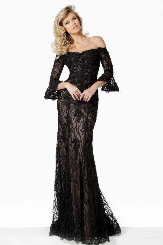 Jovani - 2240 Lace Off-Shoulder Bell Sleeve Trumpet Dress In Black and Neutral
