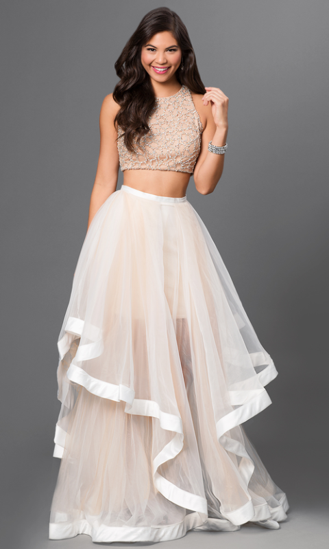 Terani Couture - Beaded Crop Top and Ruffled Mesh Skirt Long Gown Ensemble 151P0102A In White and Neutral