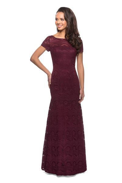 La Femme - 26875 Short Sleeve Lace Bateau Trumpet Dress