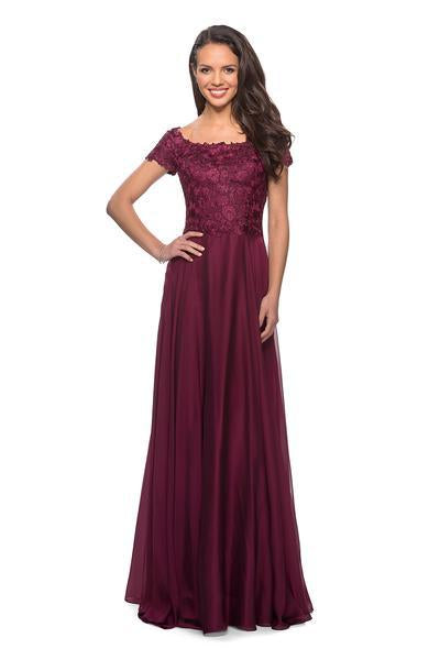 La Femme - 26550 Lace Bateau Chiffon A-line Dress In Red