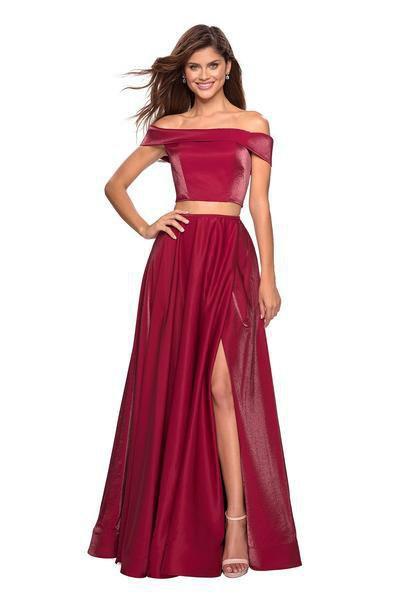 La Femme - 26919 Two-Piece Sleek Off Shoulder High Slit Gown In Red