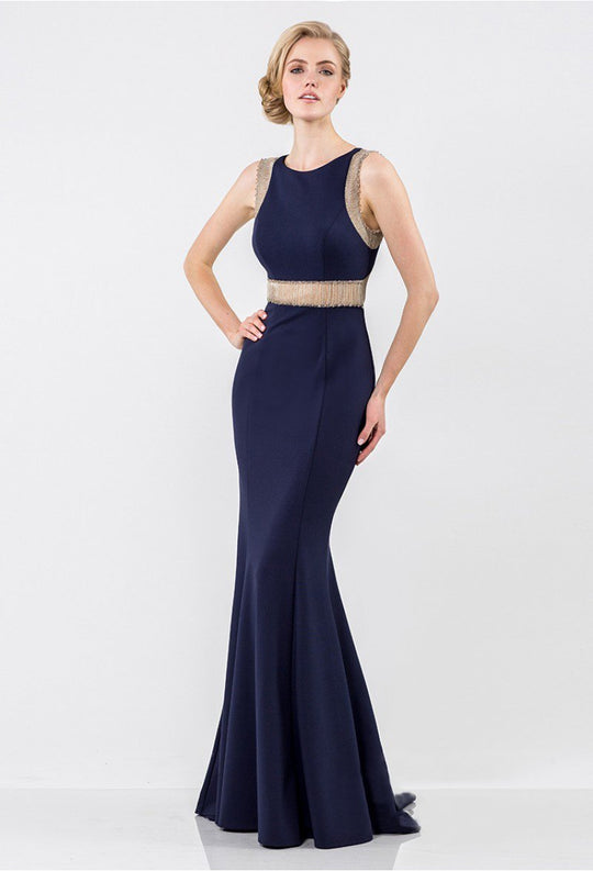 Terani Couture - 1525E0928A Embellished Jewel Neck Sheath Dress in Blue