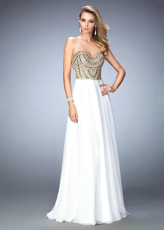 GiGi - 22722 Beaded Strapless Chiffon Gown In White