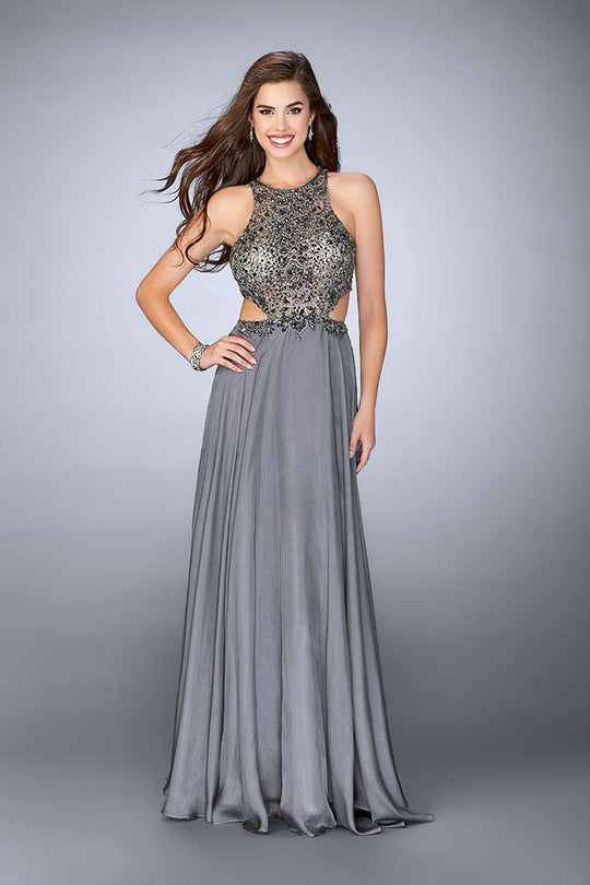 GiGi - Elaborate Bateau Illusion Long Evening Gown 23761 In Gray