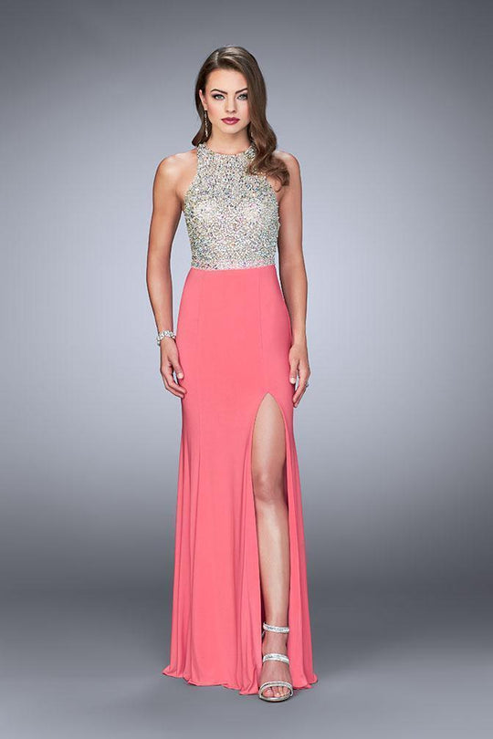 GiGi - Halter Style Glimmering Silver Top And  Jersey Skirt Prom Dress in Orange