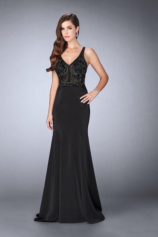 GiGi - Dazzling Sleeveless V-neck Flared Jersey Gown 23909 in Black