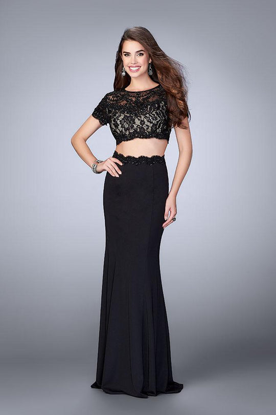 Short Sleeve Lace Crop Top and Jersey Skirt Prom Dress 23912 In Blue