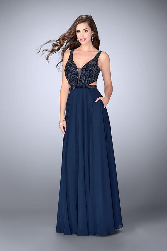 GiGi - Sleeveless Beaded V-neck Long A-line Dress 24050 In Blue