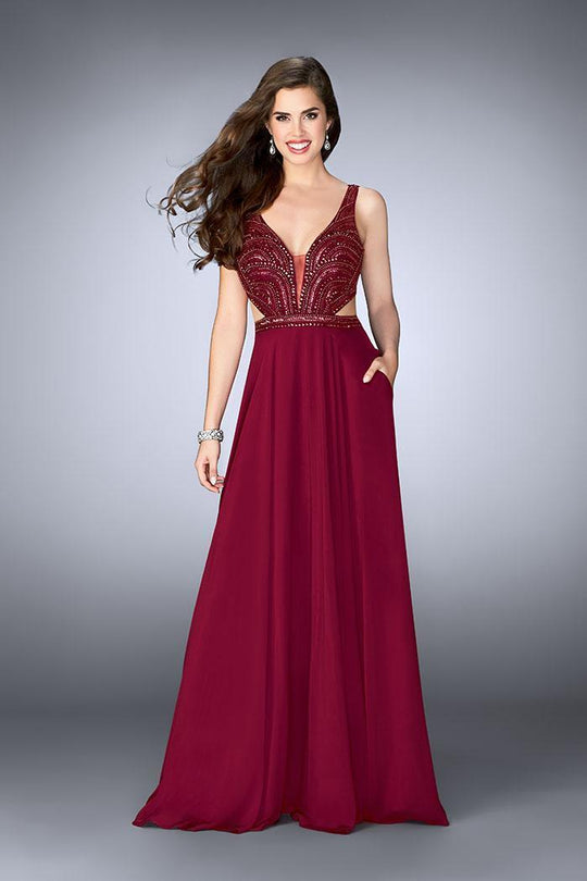 GiGi - Sleeveless Beaded V-neck Long A-line Dress 24050 In Red