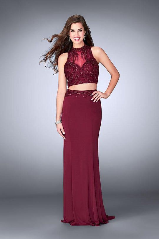 GiGi - Two-Piece Bead-Crusted Illusion Long Evening Gown 24051 in Red