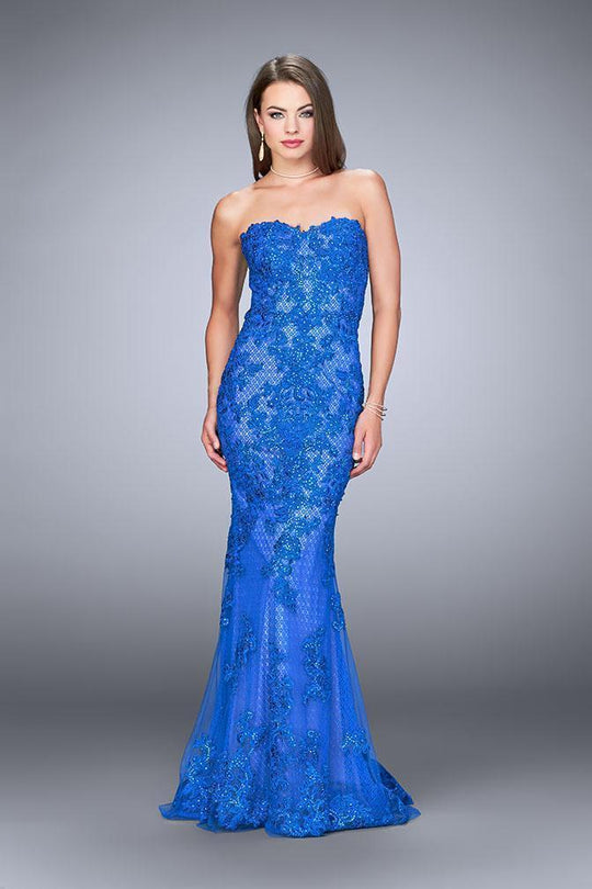 La Femme - 24106 Strapless Beaded Lace Sweet Long Mermaid Dress In Royal Blue