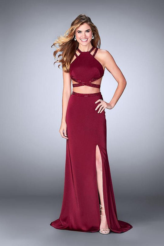 La Femme - Two Piece Beaded Strappy Halter Prom Gown 24420  In Red