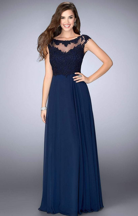 GiGi - Lace Applique Bodice Long Prom Chiffon Dress 24572 In Blue