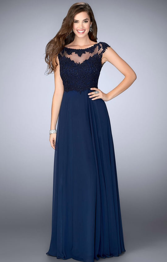 GiGi - Lace Applique Bodice Long Prom Chiffon Dress 24572 In Blue