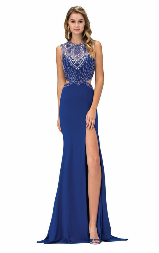 GL1328 Embellished Illusion Jewel Sheath Dress