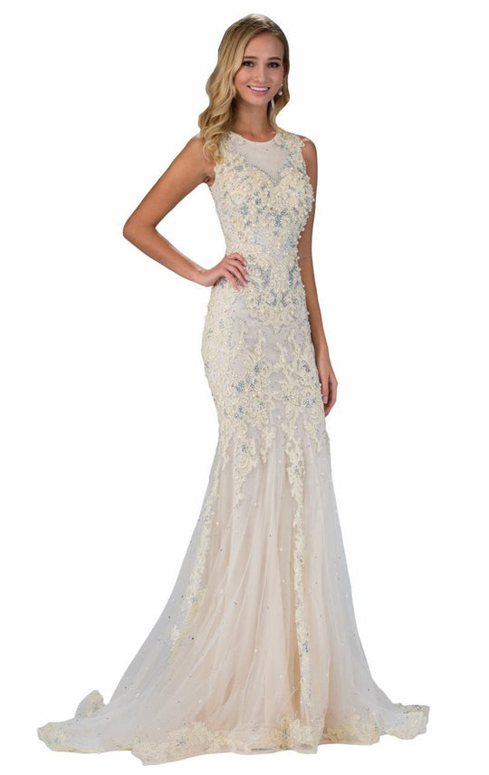Bead and Pearl Embellished Jewel Neckline Jersey Gown GL1344