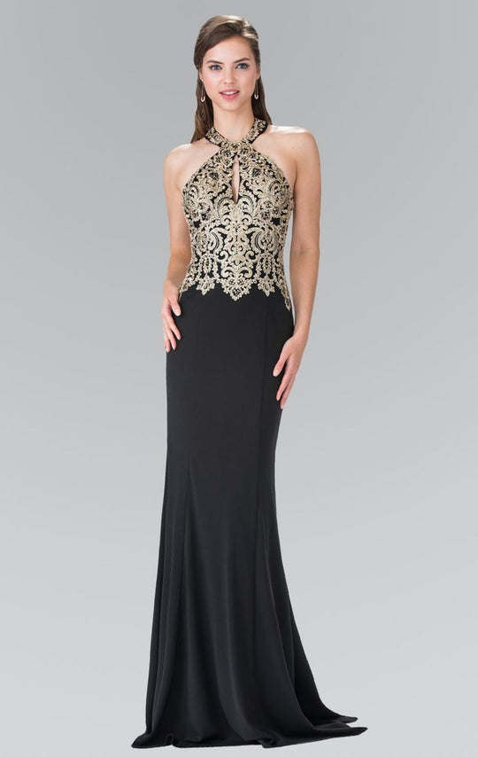 Embroidered Halter Jersey Trumpet Dress GL2231
