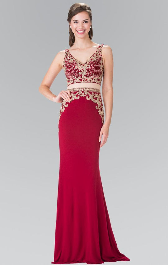 Beaded V-Neck Jersey Trumpet Dress GL2334