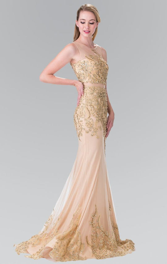 Embellished Illusion Bateau Jersey Trumpet Dress GL2338