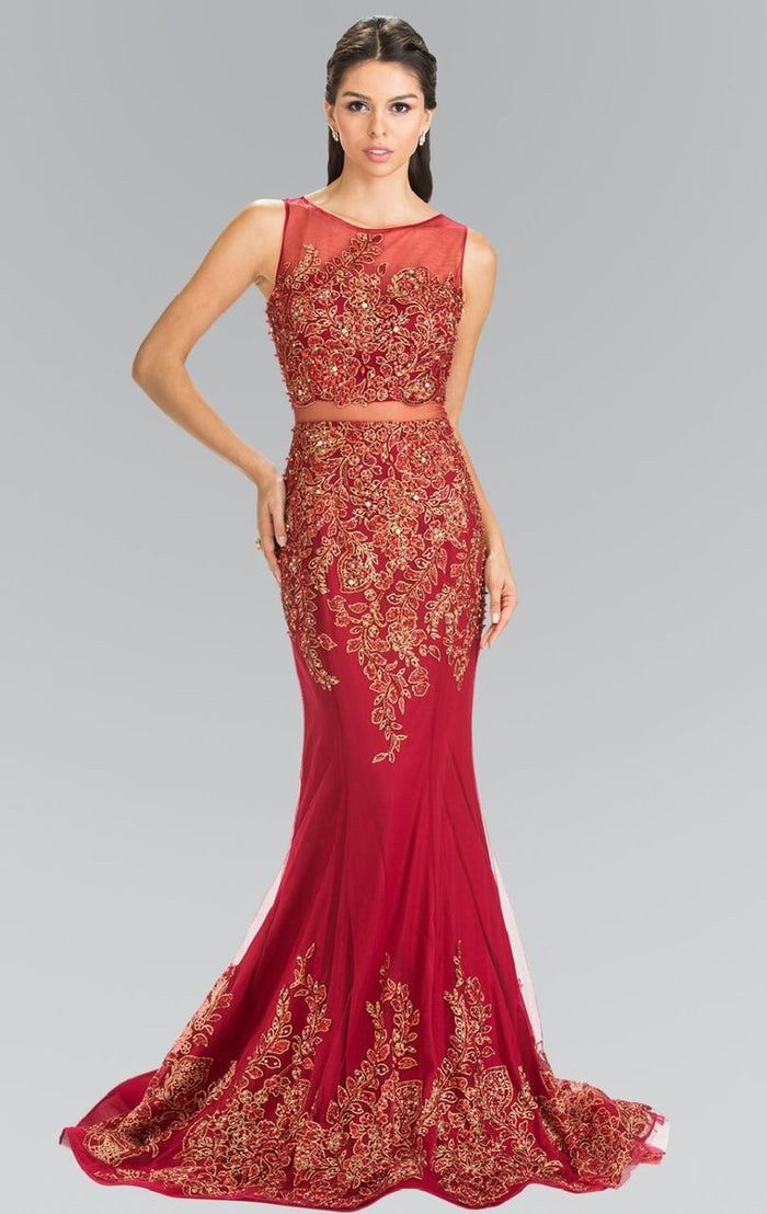 Embellished Illusion Bateau Jersey Trumpet Dress GL2338