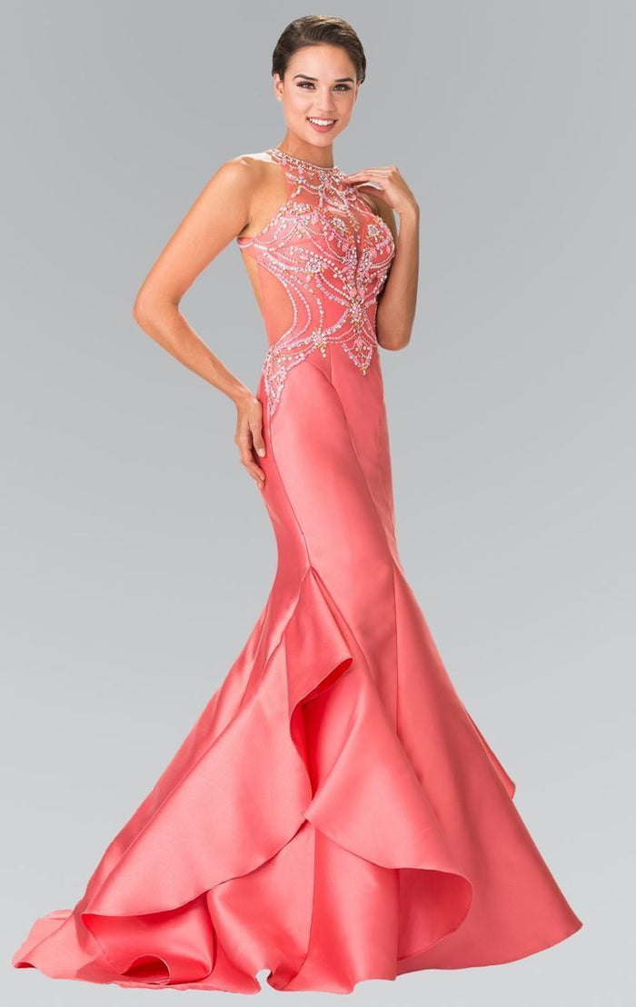 Beaded Halter Ruffled Mermaid Gown GL2357