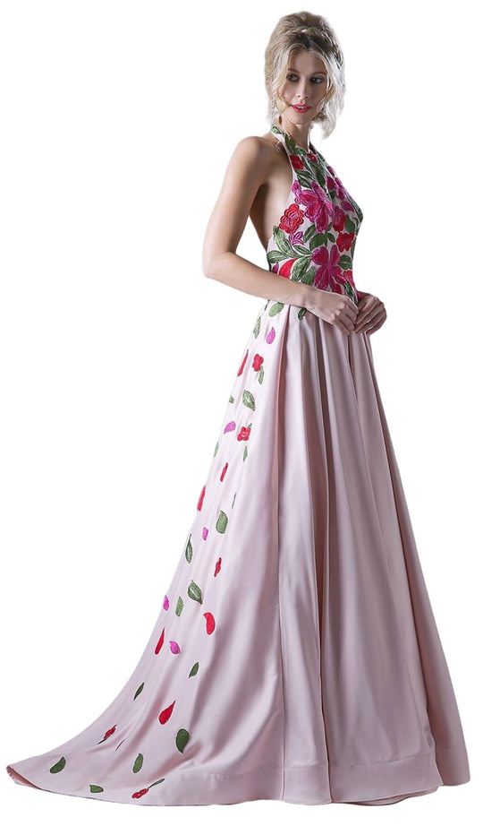 Cinderella Divine - GL2725 Floral Embroidered Halter Ballgown In Pink
