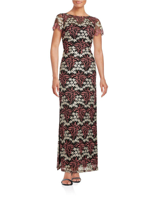 Aidan Mattox - MD1E200057 Floral Bateau Neck Column Dress in Pink and Gold