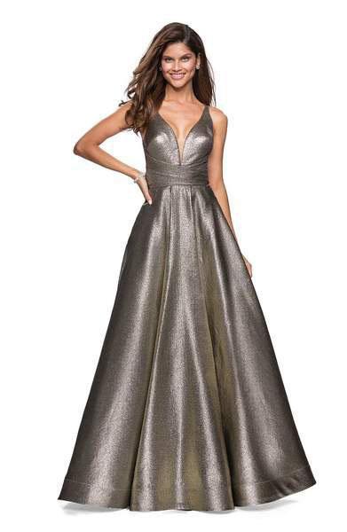 La Femme - Metallic Deep V-neck Pleated Ballgown 27532 In Gold and Black