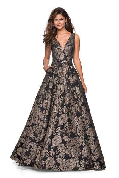 La Femme - 27482 Two Tone Deep V-neck Jacquard Ballgown In Gold and Black