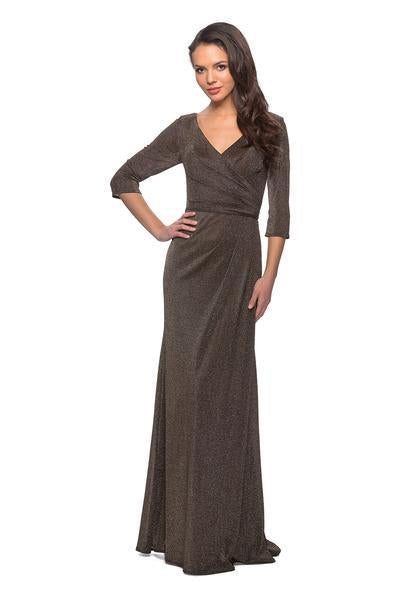 La Femme - 26419 Plunging V-neck Glitter Jersey Sheath Dress In Gold
