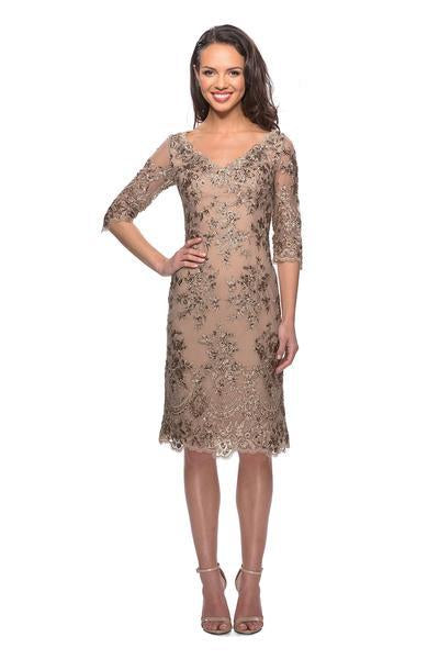 La Femme - 26871 Knee Length Quarter Sleeve Sequined Dress In Gold and Neutral
