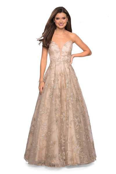 La Femme Gigi - 27640 Plunging Sweetheart Embroidered Gown In Gold and Nude