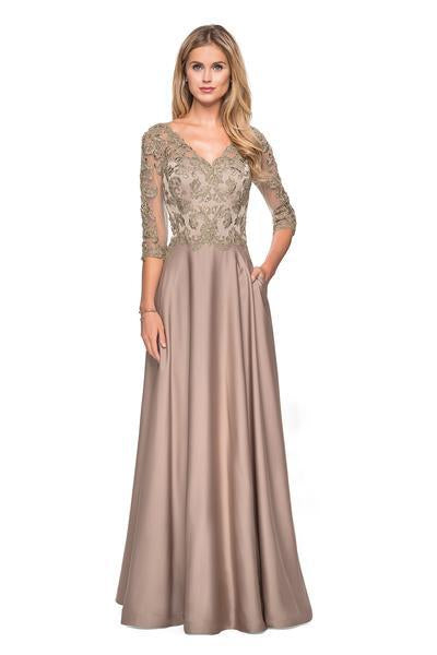 La Femme - 27235 Illusion V-Neck Quarter Sleeve Appliqued Gown In Gold and Green