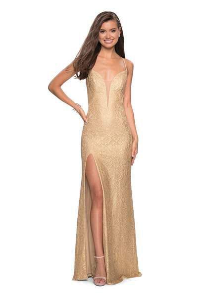 La Femme - 27725 Lace Embellished Deep V-neck Trumpet Dress In Gold