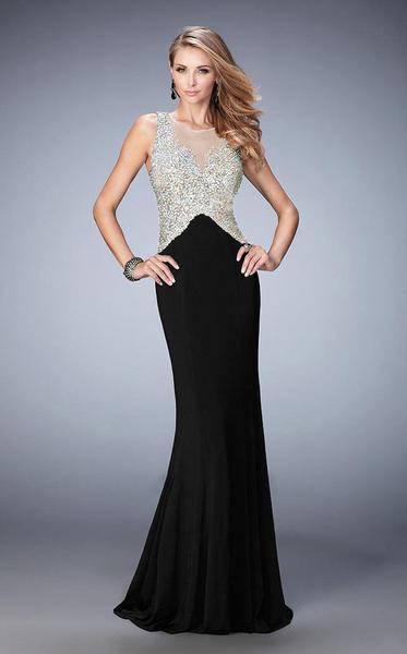 La Femme - Bedazzled Illusion Jewel Sheath Dress 22886 In Black