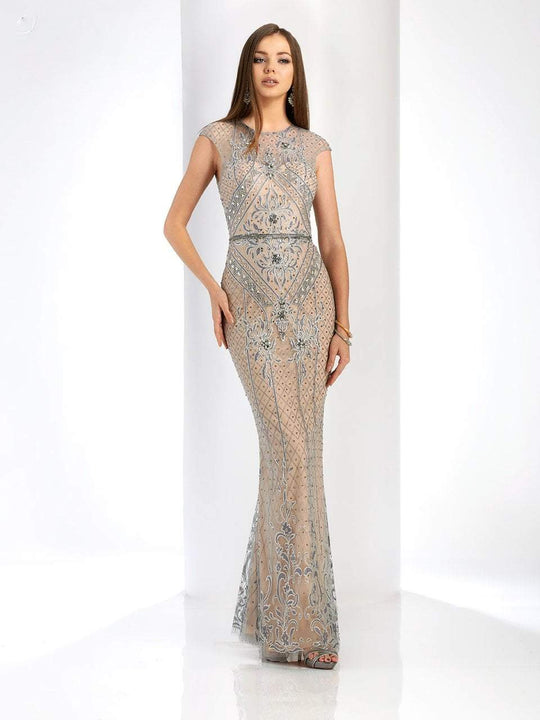 Clarisse - 4916 Illusion Jewel Neck Beaded Gown in Gray and Neutral