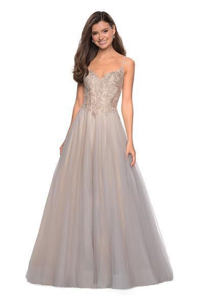 La Femme - 27674 Embellished Sweetheart Tulle Ballgown In Gray and Neutral