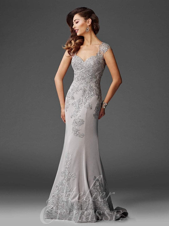 Clarisse - Sweetheart Lace Applique Evening Gown M6421 in Gray
