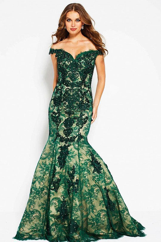 Jovani - Floral Embroidered Off Shoulder Mermaid Gown 54418 In Green and Nude