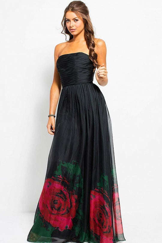 JVN60005 Strapless Floral Print Chiffon Gown