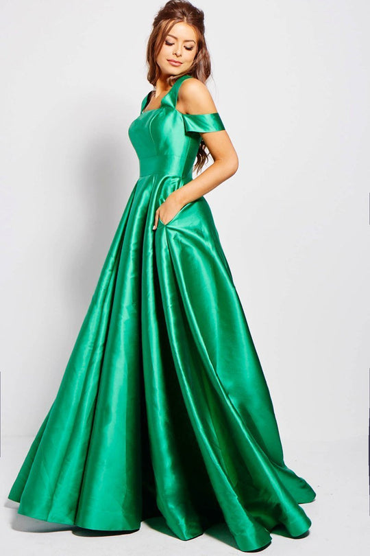 JVN55410 Sleek Square Neck Cutaway Shoulder Ballgown