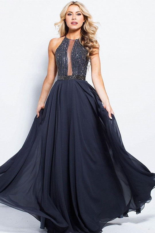 JVN59049 Embellished Illusion Halter Chiffon A-line Dress