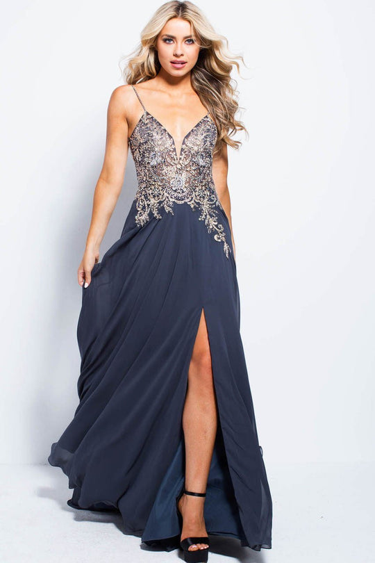 JVN55885 Jewel Adorned Plunging Illusion Gown