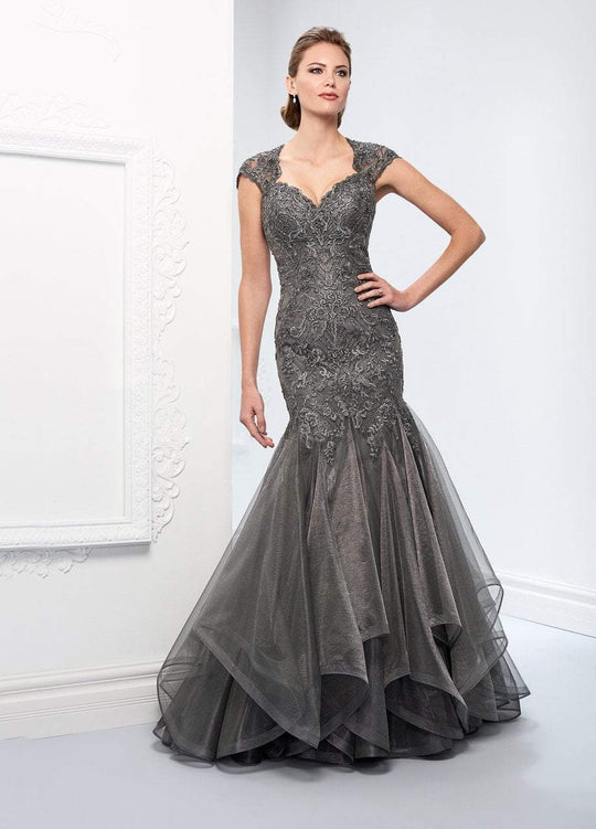 Ivonne D for Mon Cheri - 218D29 Embroided Lace Queen Anne Trumpet Gown in Gray