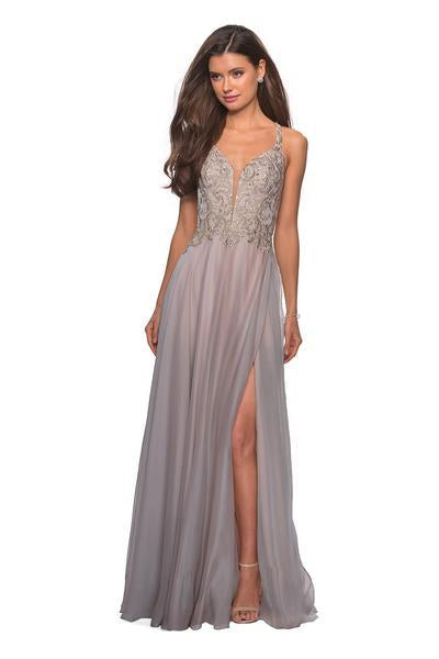 La Femme - 27729 Plunging Gold Lace Appliqued High Slit Gown In Gray and Pink