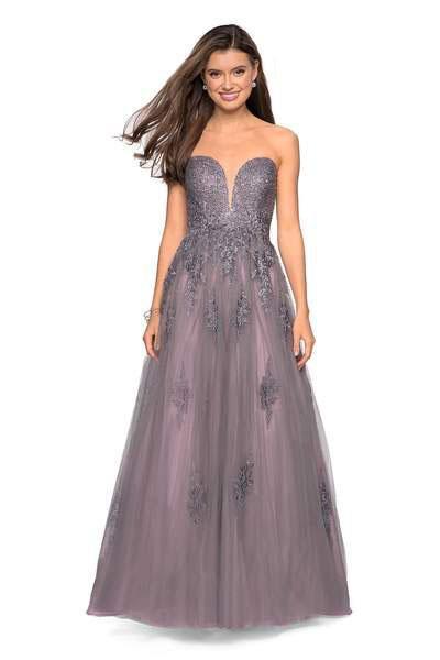 La Femme Gigi - 27767 Lace Embroidered Deep Sweetheart Tulle Ballgown In Gray and Pink
