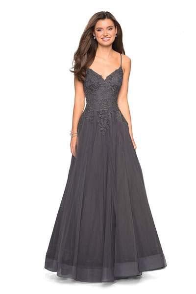 La Femme - 27569 Floral Embellished V-Neck Ballgown In Gray